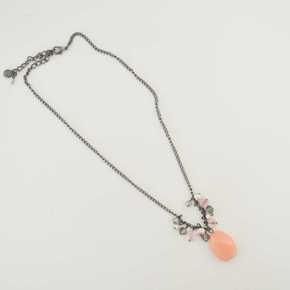 Silver Necklace with Peach Pink and Grey Baubles